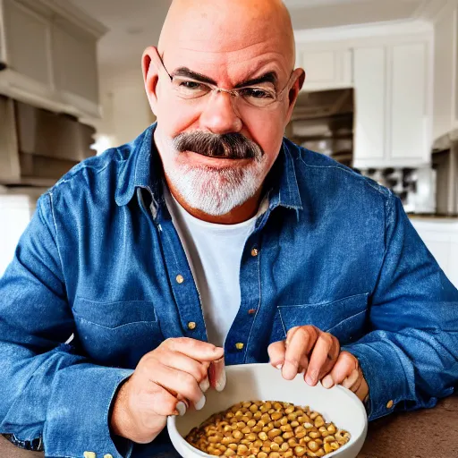 Image similar to Dave Ramsey eating a bowl of cooked lentils, unhappy, dirty house, wearing dirty clothes, realistic, 4K, highly detailed,