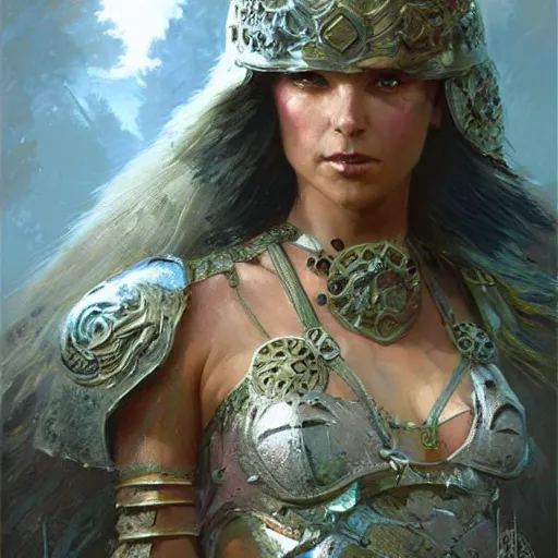 Prompt: a fiercey warrior princess in scale mail, fantasy character portrait by greg rutkowski, gaston bussiere, craig mullins