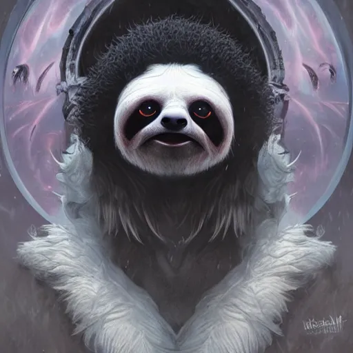 Image similar to unholy sloth, sloth monster, animal sloth, anthropomorphic sloth, demon sloth, demonic robes, dirty matted fur, evil, horror, fire, gloomy mood, ultra details, art by artgerm, dwayne barlowe, trending on artstation and greg rutkowski and alphonse mucha, 8 k