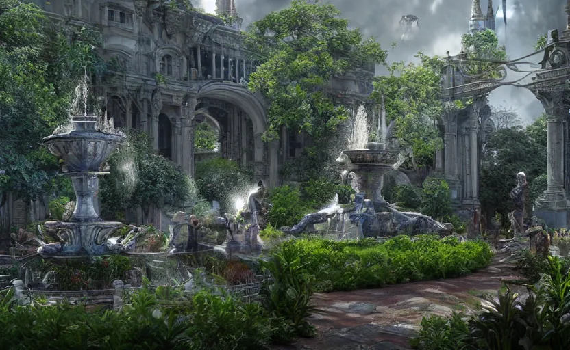 Image similar to A beautiful garden, next to a fountain and a mystical palace, hyperrealistic mixed media, stunning 3d render inspired art by P. Craig Russell and Barry Windsor-Smith + perfect facial symmetry + dim volumetric lighting, 8k octane beautifully detailed render, post-processing, extremely hyperdetailed, intricate futuristic mechanic parts, epic composition, grim yet sparkling atmosphere, cinematic lighting + masterpiece, trending on artstation