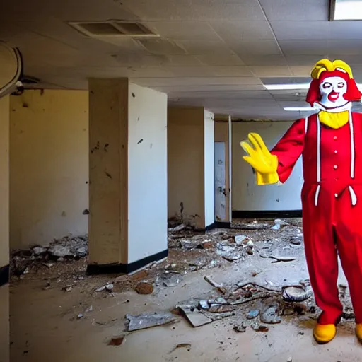 Image similar to ronald mcdonald in an abandoned hospital