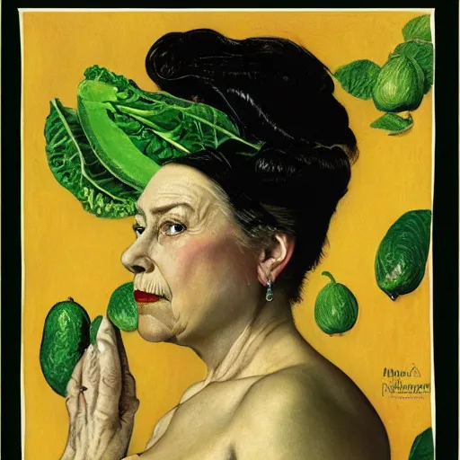 Prompt: frontal portrait of the queen of the avocado Kingdom, by Norman Rockwell and Gerald Brom