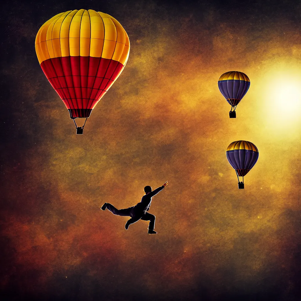 Prompt: single man flying in hot air balloon in the space, in the style of greg rutsowski, dark background, hyper realistic