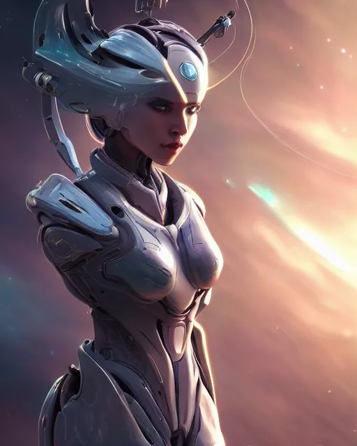 Image similar to perfect android girl on a mothership, warframe armor, beautiful face, scifi, futuristic, galaxy, nebula, raytracing, dreamy, long white hair, blue cyborg eyes, sharp focus, cinematic lighting, highly detailed, artstation, divine, by gauthier leblanc, kazuya takahashi, huifeng huang