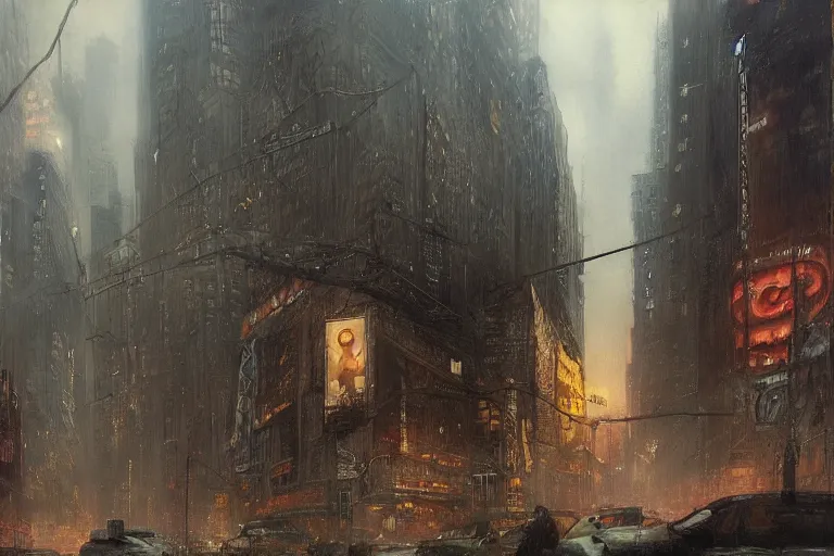 Image similar to New York City, moody scene, highly detailed, intricate, sharp details, dystopian mood, 1950 scene by gaston bussiere, craig mullins, somber lighting, drawn by Giacomo Burattini, inspired by graphic novel cover art