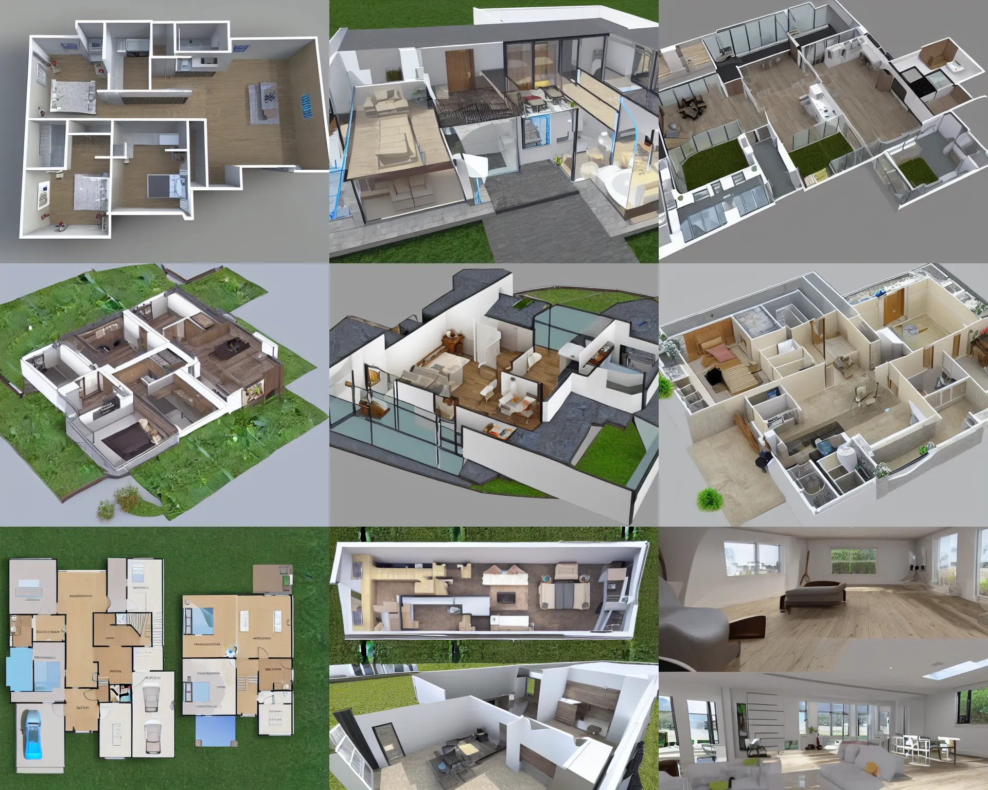 Prompt: 3 d floor plan of a 5 bedroom house in the uk, walls made of glass, water everywhere