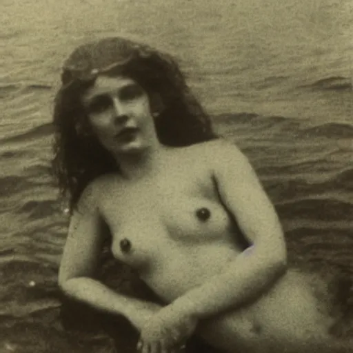 Prompt: early 1900s photograph of a mermaid in the sea