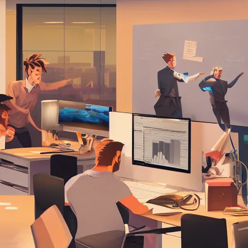 Image similar to team of sap employees in the office performing a due diligence to a startup based in italy. photoshop filter cutout vector behance hd by jesper ejsing, by rhads, makoto shinkai and lois van baarle, ilya kuvshinov, rossdraws, illustration, art by ilya kuvshinov