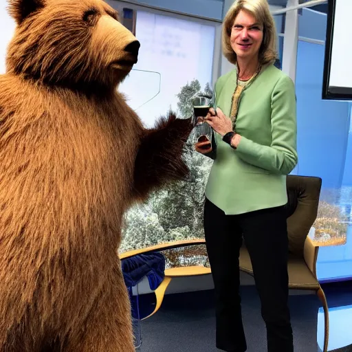 Prompt: Jennifer Doudna with Oski the Bear mascot