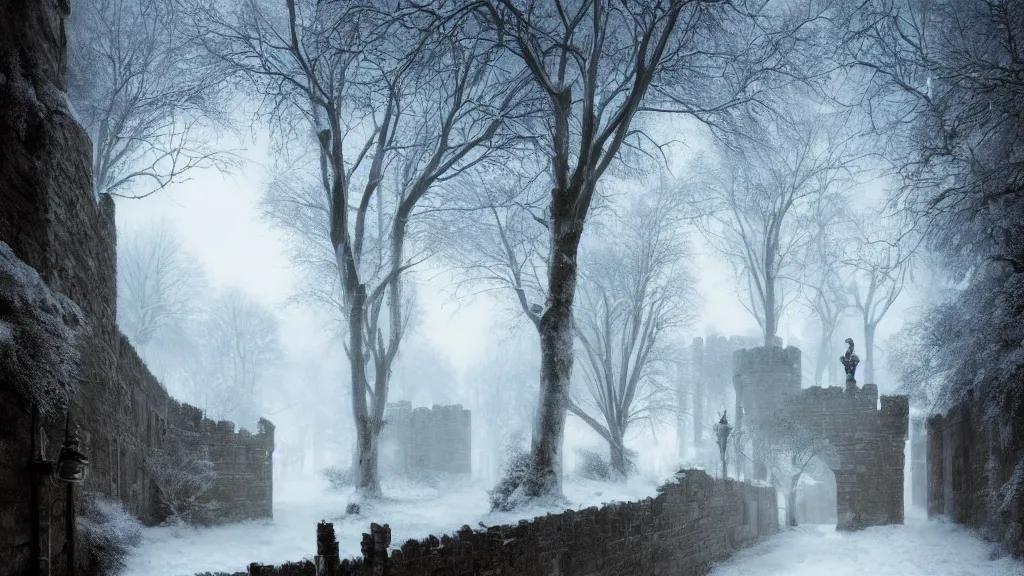 Image similar to the tall castle walls overshadow the secret garden in winter. andreas achenbach, artgerm, mikko lagerstedt, zack snyder, tokujin yoshioka