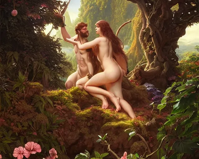 Image similar to adam and eve in the garden of eden, photography of kurzgesagt, deep focus, d & d, fantasy, intricate, elegant, highly detailed, digital painting, artstation, concept art, matte, sharp focus, illustration, hearthstone, art by artgerm and greg rutkowski and alphonse mucha