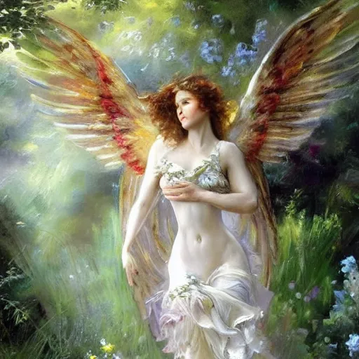 Prompt: an exquisite portrait painting of a beautiful angel with her wings spread out, in a dreamy garden by daniel gerhartz. highly detailed, back lit, beautiful painting, soft illumination, atmospheric, ethereal