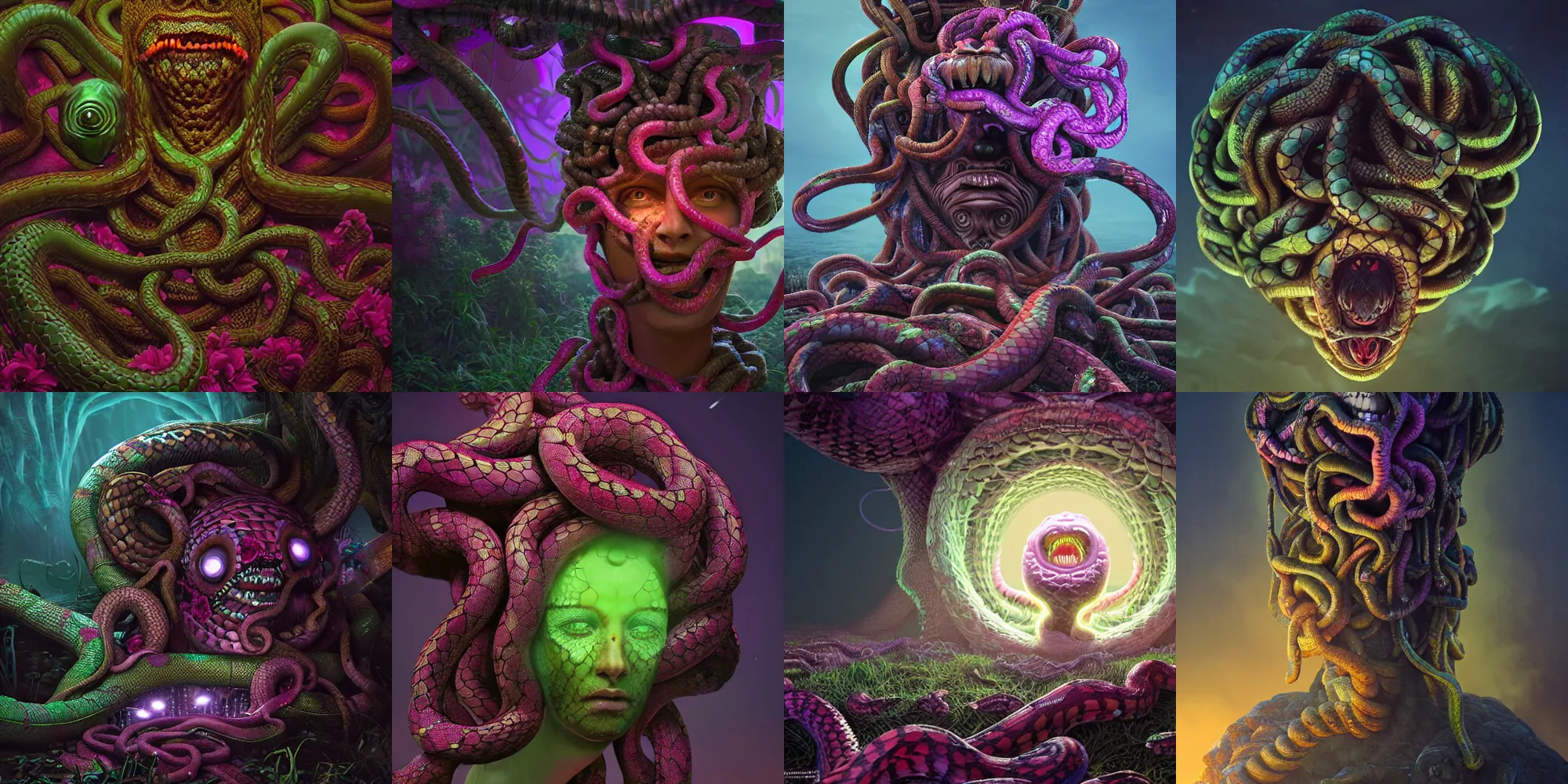 Prompt: horror medusa gorgon gaze head, highly detailed snakes, beautiful flowers, beautiful dark creepy landscape, in the style of beeple and mike winkelmann, intricate, epic lighting, cinematic composition, hyper realistic, 8 k resolution, unreal engine 5, raytracing, ultraviolet colors,
