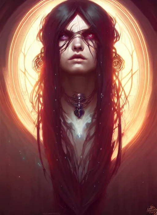 Image similar to Necromancer Sorceress, fantasy magic, undercut hairstyle, dark light night, intricate, elegant, sharp focus, illustration, highly detailed, digital painting, concept art, matte, art by WLOP and Artgerm and Greg Rutkowski and Alphonse Mucha, masterpiece