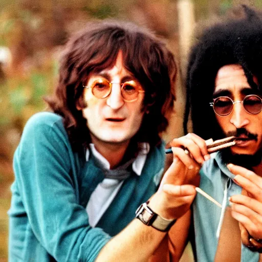 Prompt: happy john lennon smoking a joint with bob Marley, photograph by Willy Spiller, 1970s