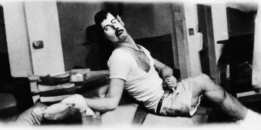 Image similar to freddie mercury sits in a russian prison, black and white photo, realism, 3 5 mm, good lighting