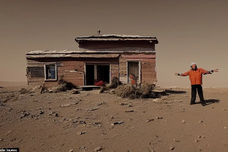 Image similar to an old rickety Soviet village house stands alone on Mars next to which a local resident stands and waves his hand, colourful