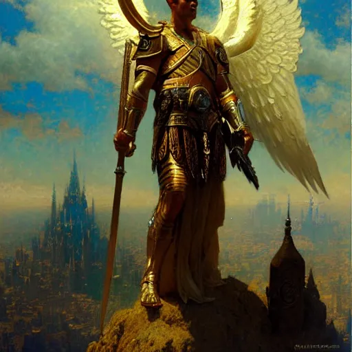 Image similar to saint michael the angel, guarding the planet from evil. highly detailed painting by gaston bussiere, craig mullins, greg rutkowski 8 k