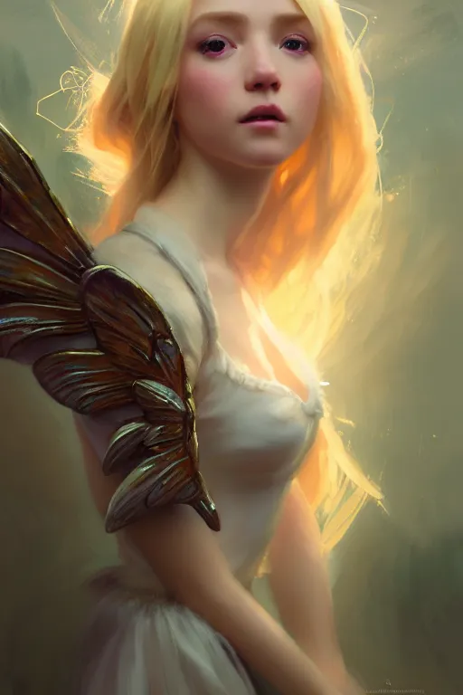 Image similar to cinematic shot of an epic portrait of a cute blonde fairy dressed in military clothes, stylised military clothes, large wings on back, shiny skin, beautiful, small details, realistic poster with volumetric light from jeremy lipkin and michael garmash, craig mallism, artgerm, unreal engine, radiant light, digital art, trends at art station, a masterpiece