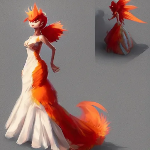 Image similar to A ball gown inspired by the Pokémon moltres, Greg rutkowski, tendencia en artstation.