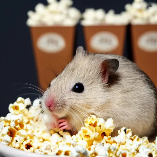 Image similar to photo of a hamster, full cheeks, eating popcorn from a bucket of popcorn, various poses, unedited, soft light, sharp focus, 8 k