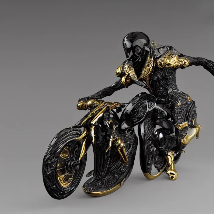 Prompt: fine art statue of black egyptian man on a surrealist motorbike motorcycle, ebony art deco, carved black marble, inlaid with ebony and gold accents, ebony rococo, wings black lace wear, spider zero, zaha hadid, beautifully lit, hyper detailed, octane render, intricate, elite, ornate, photorealistic, micro details, 3 d sculpture, ray trace