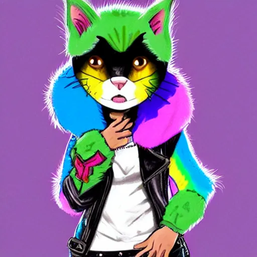 Image similar to wide angle full body, jacket wearing fluffy cute rainbow kitten wearing a black leather motorcycle jacket, concept art