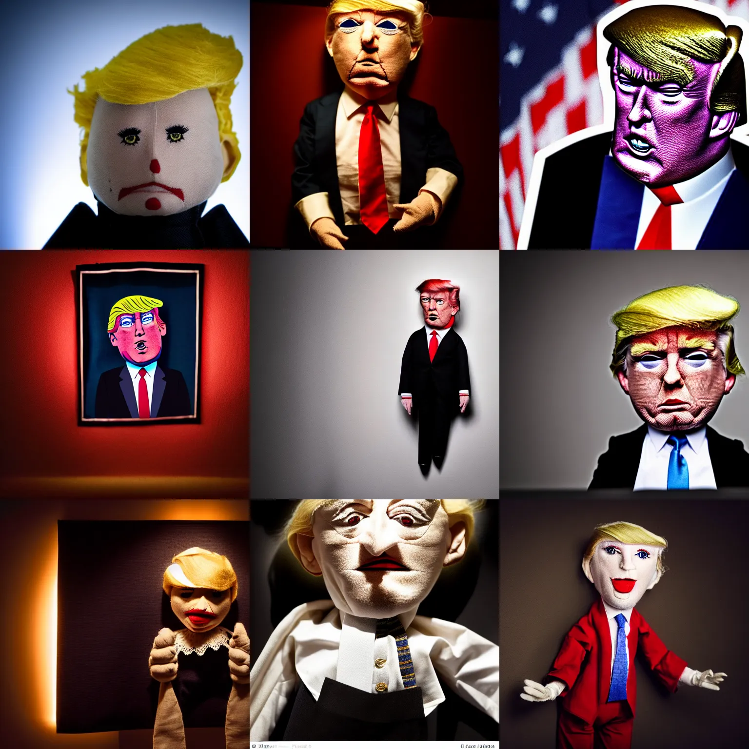 Prompt: photo of trump as a cloth puppet in a dark room with a soft light on her head, realistic cloth puppet, intricate detail, photorealistic, highly detailed, cinematic atmosphere, dramatic