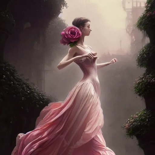 Image similar to !!beautiful!! woman dressed in a vaporous wrapped large victorian pink roses silk semi-transparent dress fashion is running, fantasy, intricate, elegant, highly detailed, digital painting, trending on artstation, concept art, matte, sharp focus, illustration, art by Artgerm and Greg Rutkowski and Alphonse Mucha