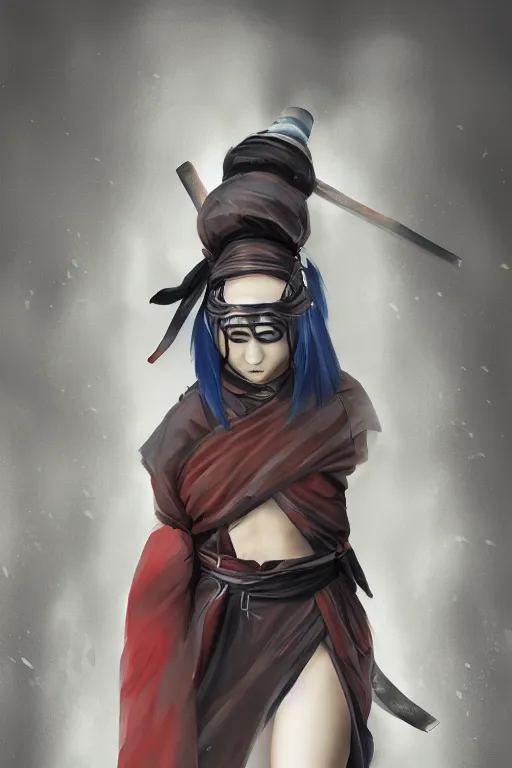 Image similar to native japanese young woman dressed like shinobi ninja, focused stare, partially masked, highly detailed, photorealistic render, digital painting, trending on artstation, character design, overcast weather