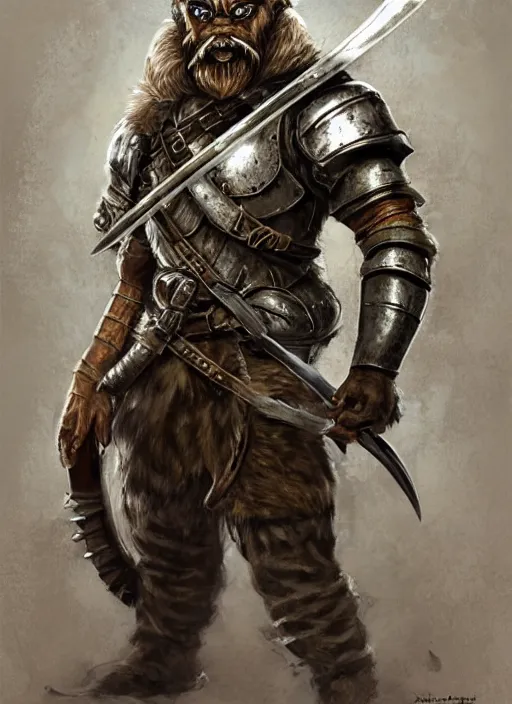 Image similar to strong young man, photorealistic bugbear ranger holding aflaming sword, black beard, dungeons and dragons, pathfinder, roleplaying game art, hunters gear, jeweled ornate leather and steel armour, concept art, character design on white background, by alan lee, norman rockwell, makoto shinkai, kim jung giu, poster art, game art