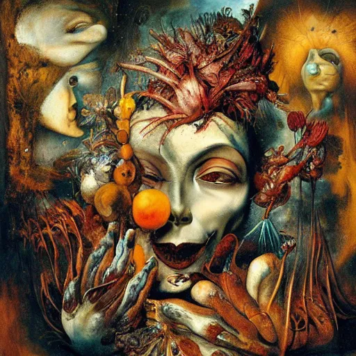 Image similar to an oil painting by arcimboldo, by georgia o keeffe, by botticelli, by giger, by frank frazetta, by gustave moreau, by beksinski, seen through a kaleidoscope, broke mirror, contemporary, brutal, vanity, broken, nerve system, medical, jewels, nebula, space, tonalism, merged, akira