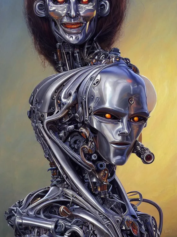 Prompt: perfectly centered portrait, front view of a beautiful biomechanical android alien anonymous guy fawkes robot, female, flowing hair, intense stare, sarcastic smile, symmetrical, concept art, intricate detail, volumetric shadows and lighting, realistic oil painting by tim hildebrandt,