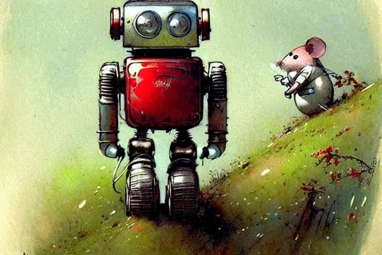 Image similar to adventurer ( ( ( ( ( 1 9 5 0 s retro future robot android fat mouse lawnmower. muted colors. ) ) ) ) ) by jean baptiste monge!!!!!!!!!!!!!!!!!!!!!!!!! chrome red