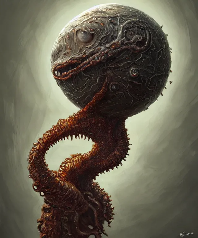 Image similar to hziulquoigmnzhah, head dangling underneath body!!!!, spherical body, elongated arms, short legs, lovecraftian horror!, surrealism, fantasy, intricate, elegant, highly detailed, digital painting, artstation, concept art, matte, sharp focus, illustration, art by keith thompson and christopher lane