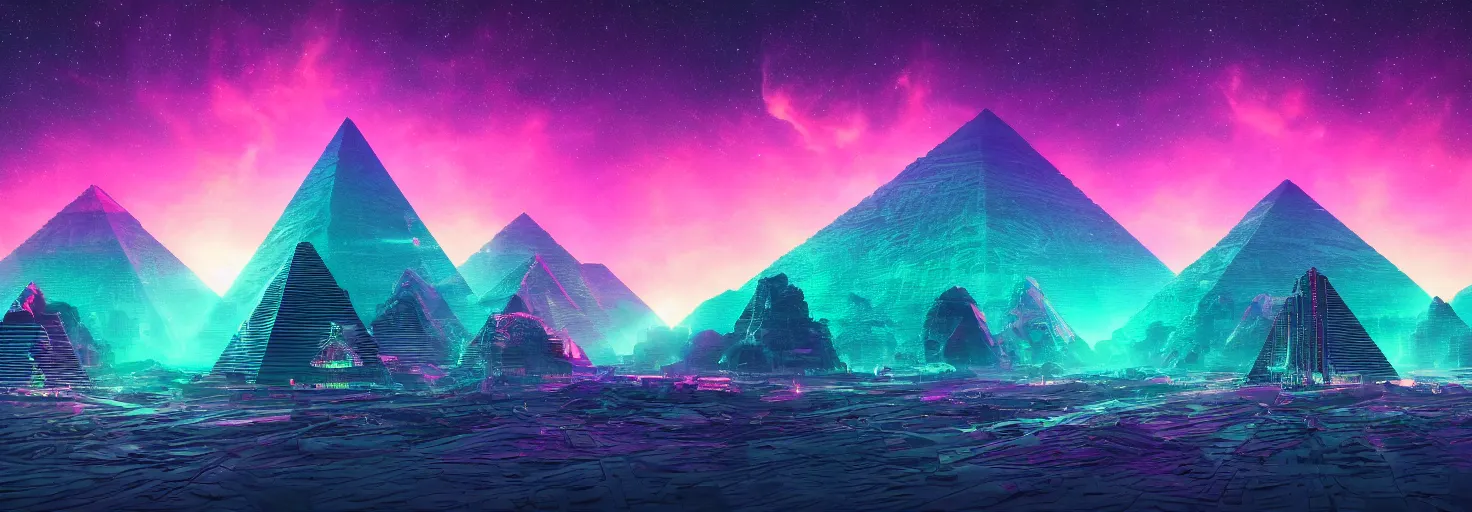 Prompt: Ultra High Definition, Synthwave desktop wallpaper, 8k, ultrawide, sharp focus, accurate and detailed, shamanic alien pyramids