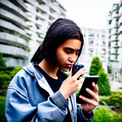 Image similar to candid photographic portrait of a poor techwear mixed young woman using a phone inside a dystopian city, closeup, beautiful garden terraces in the background, sigma 85mm f/1.4, 4k, depth of field, high resolution, 4k, 8k, hd, full color