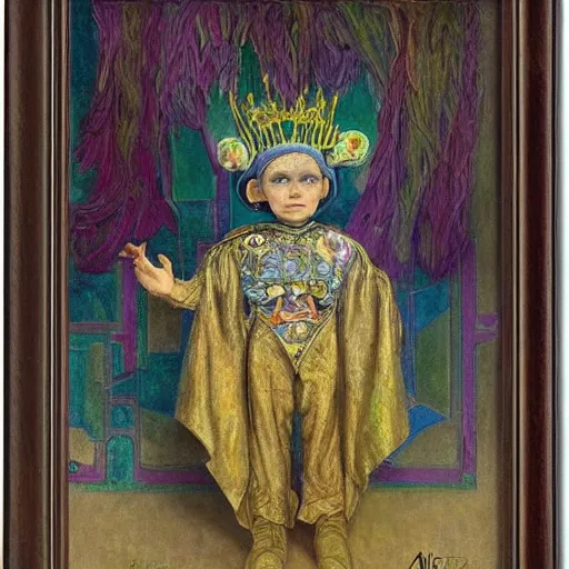Prompt: the little robot queen in her regalia, by annie swynnerton and alayna danner and diego rivera and elihu vedder, symbolist, dramatic lighting, elaborate geometric ornament, smooth, sharp focus, extremely detailed, adolf wolfli, soft pastel colors