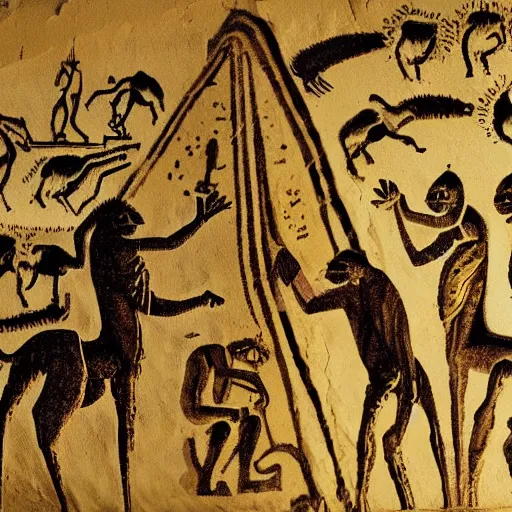 Image similar to cave painting of aliens building the pyramids