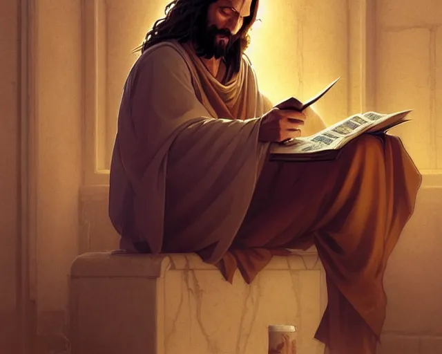 Image similar to photography of jesus christ sitting on a toilet reading manga, deep focus, d & d, fantasy, intricate, elegant, highly detailed, simple background, digital painting, artstation, concept art, matte, sharp focus, illustration, hearthstone, art by artgerm and greg rutkowski and alphonse mucha