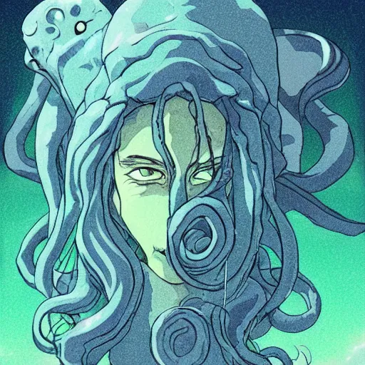 Image similar to A portrait of cthulhu, soft lighting, lovecraft, cool tones, cosmic horror, anime, in the style of studio ghibli, smooth