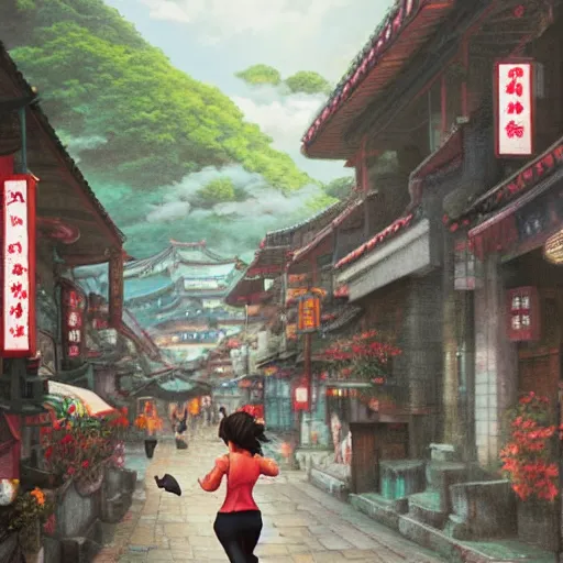 Prompt: a woman running in jiufen taiwan, an oil painting by ross tran and thomas kincade, studio ghibli