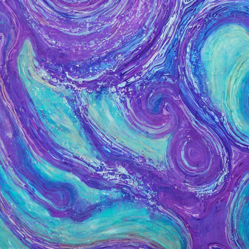 Image similar to abstract multiple layers of purple and blue shades paint dripping and running in a circular pattern, oil on canvas, detailed