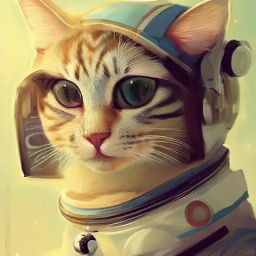 Image similar to head and shoulders masterpiece portrait of a cute adorable cat wearing a spacesuit, surreal background, digital art by krenz cushart, trending on artstation, cgsociety,