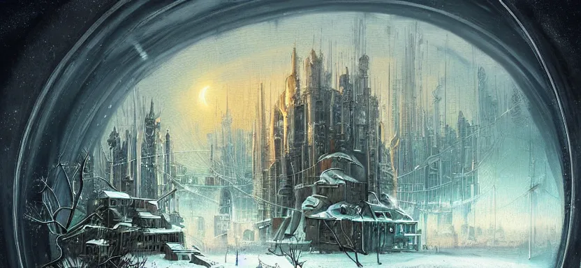 Prompt: beautiful masterpiece painting of a dystopian city trapped inside a snow globe, grunge cyberpunk, by Remedios Varo and Anato Finnstark and Greg Rutkowski, artgerm, 8k,