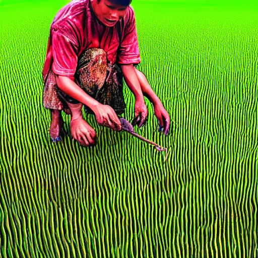 Image similar to digital art indonesian farmer smoke weed on rice field, uhd, amazing depth, very clear