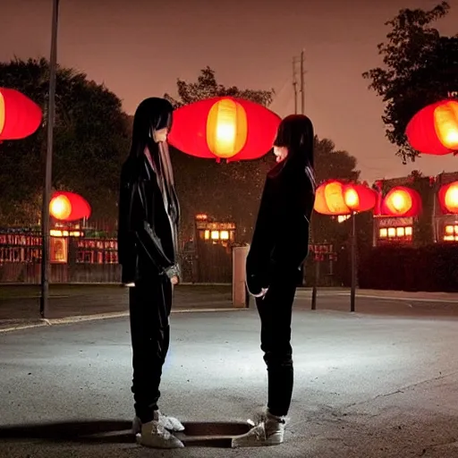 Image similar to a tiny nightclub with a few red chinese lanterns, a couple of modern subculture teenagers standing and talking to each other, wearing black modern clothes, designed by rick owens, hyperrealistic, extremely lifelike attributes & lifelike texture, hyperdetailed, colorful, by gregory crewdson