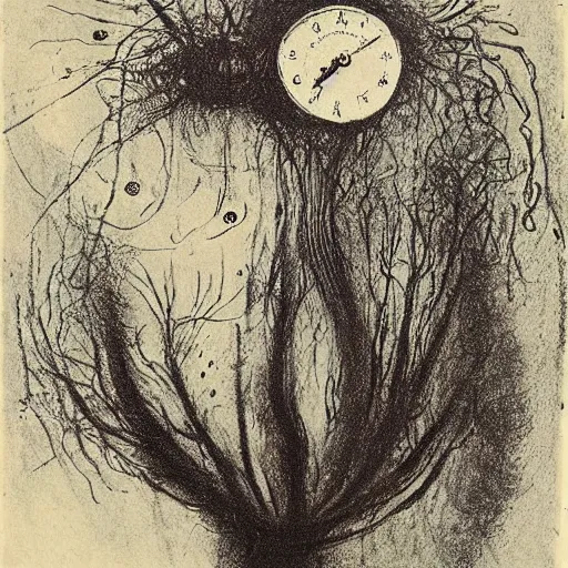 Image similar to the polyp goddess stretches her fungal spores amidst tick tock wretches and one two three, lithography print by Odilon Redon