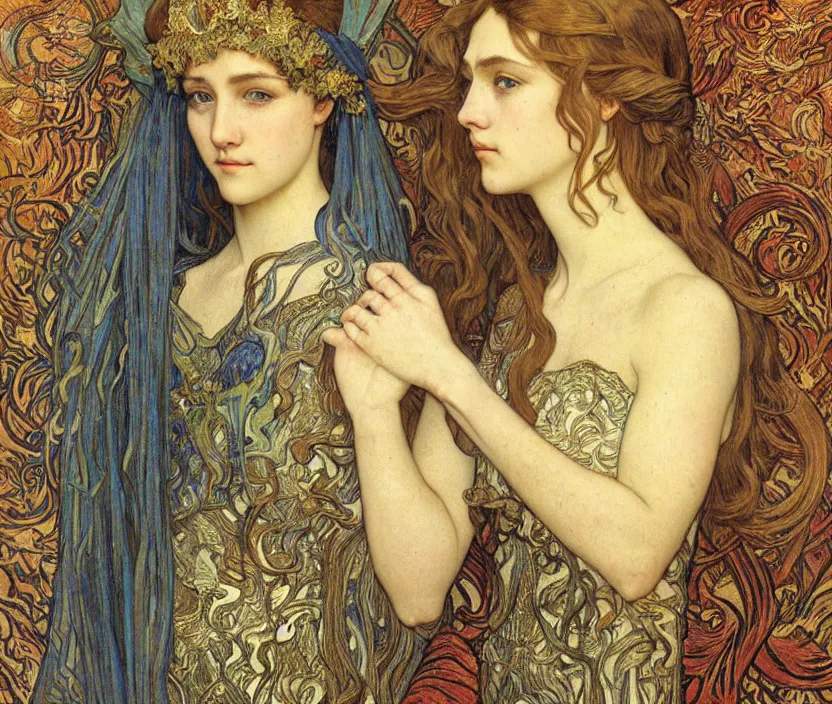Image similar to detailed realistic beautiful young medieval queen face portrait by jean delville, alphonse mucha, vincent van gogh, and marco mazzoni, art nouveau, symbolist, visionary, gothic, pre - raphaelite