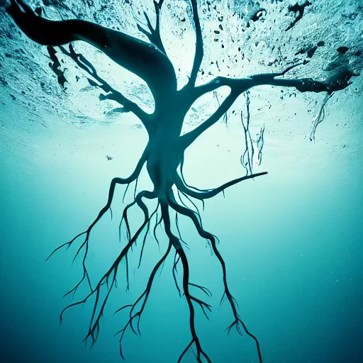 Image similar to roots underwater, award winning cyan and white photography, high contrast, high definition